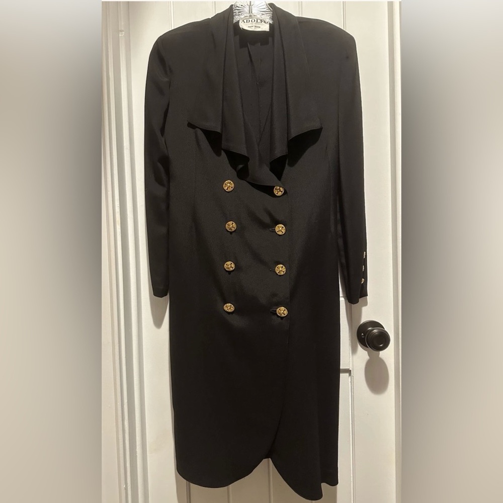 Vintage Adolfo Dress Black Size 6 Double Breasted Ruffle Collar Gold  Buttons